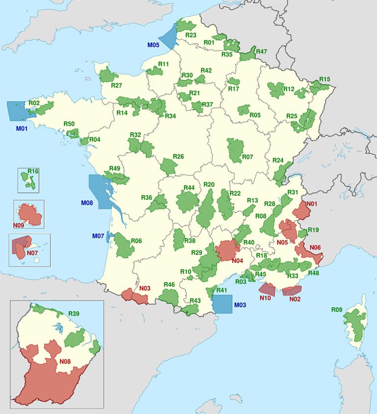 Carte des Parcs Nationaux et Régionaux de France pour le bivouac