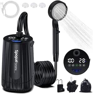 Spopal Douche Portable, Kit Douche de Camping,10000mAh,Douche Camping, Rechargeable, avec Afficheur Intelligent et 5 Vitesses Réglables pour Extérieure,Camping,Voyage,Animaux