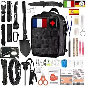 Kit de Survie Sac Complet - Trousse de Secours - Mini Pelle Pioche Pliante - Boussole - Paracorde - Couteau Pliant Multifonction - Allume Feu - Lampe Torche
