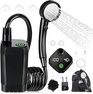Spopal Kit Douche de Camping,Douche Portable,Pompe de Douche Électrique | Rechargeable,Imperméable,avec Afficheur Intelligent et Pomme de Douche 4 Modes pour Extérieure,Camping,Randonnée