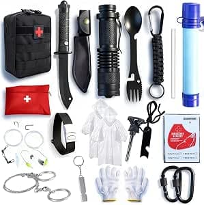 Kit de Survie d'urgence avec Trousse de Premiers Soins, Filtre à Eau de Survie, pour Camping Randonnée Pêche et Chasse