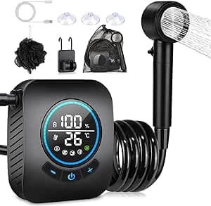 Spopal Douche Camping,Douche Portable,Kit Douche de Camping,Pompe de Douche Électrique Rechargeable,avec Afficheur Intelligent et Pomme de Douche 4 Modes pour Extérieure,Camping,Animaux