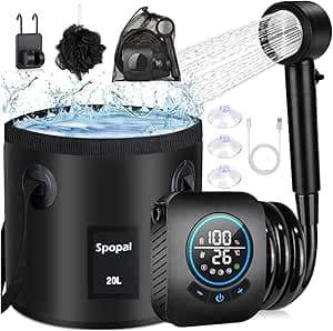 Spopal Camping Douche Portable,[Imperméable] Kit Douche de Camping | Rechargeable,8000mAh,avec Seau Pliable 20L,Afficheur Intelligent et Pomme de Douche 5 Modes pour Extérieure,Camping