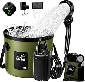 Goody King Douche Camping Portable avec Pompe Batterie 6000mAh – Kit Douche avec Seau Pliable 20L, Pommeau 3 Modes, Tuyau 2m, IPX7 Étanche, Charge USB-C – Douche Extérieure Camping Car Chien Jardin