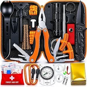 Kit de Survie Complet 17 en 1 Compact, Équipement de Survie d’Urgence conçu en France pour Randonnée, Bushcraft, Camping, Pince Multifonctions, Trousse de Secours, Boussole, Couverture de Survie