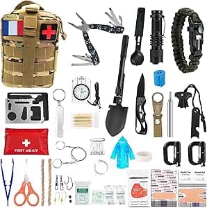 Kit de Survie Ultime Complet 72 en 1 avec Drapeau de France Trousse de Secours d’Urgence pour Premiers Soins, Sac de Survie Pratique,Trousse de Secours, Survie Materiel Militaire pour Camping