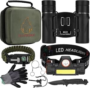 Kit Bivouac-Kit de Survie/Couteau de Survie/Sac de Survie/Urbex équipement/Urbex kit/Camping Accessoires/Randonnée Accessoires/Jumelle/Lampe Frontale Rechargeable.